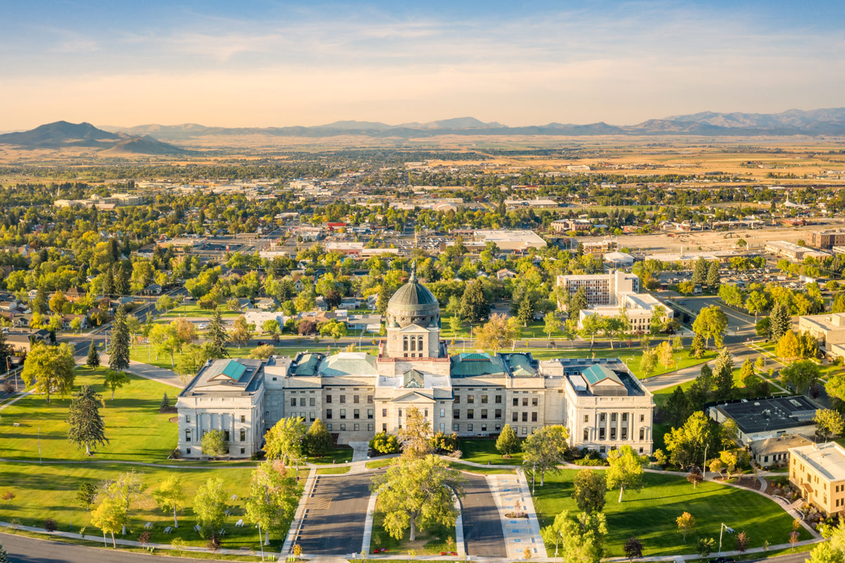 Stock Photo - Drone view of the Montana State Capitol, in Helena